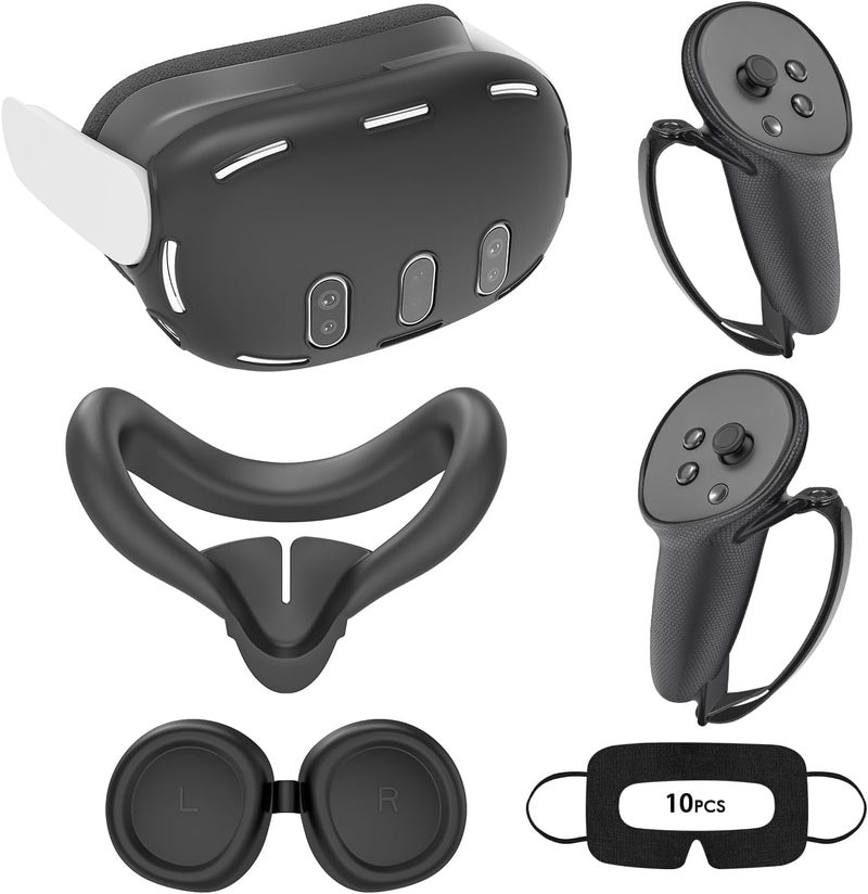 Relohas Deluxe 5 in 1 Silicone Accessories for Meta Quest 3, VR Protective Case Set for Oculus Quest 3, Controller Grip Cover, VR Shell Cover, Face Cover (Black) - Image 1